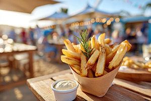 Crispy fries served in a paper cone at a beachside restaurant during golden hou, a Food & Drink Photo by AlyaAnd