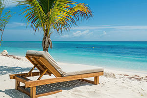 Chaise lounge near palm tree on beach sand with blue sea, a Nature Photo by AlyaAnd