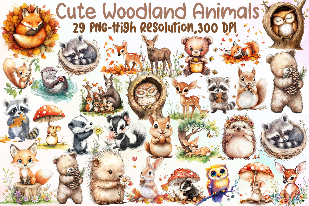 Watercolor Cute Woodland Animals Cli, an Illustration by Sublimation Artist (Photo 1 of 6)