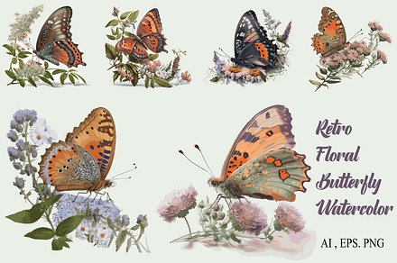 Retro Floral Butterfly Watercolor, an Illustration by Digital Xpress