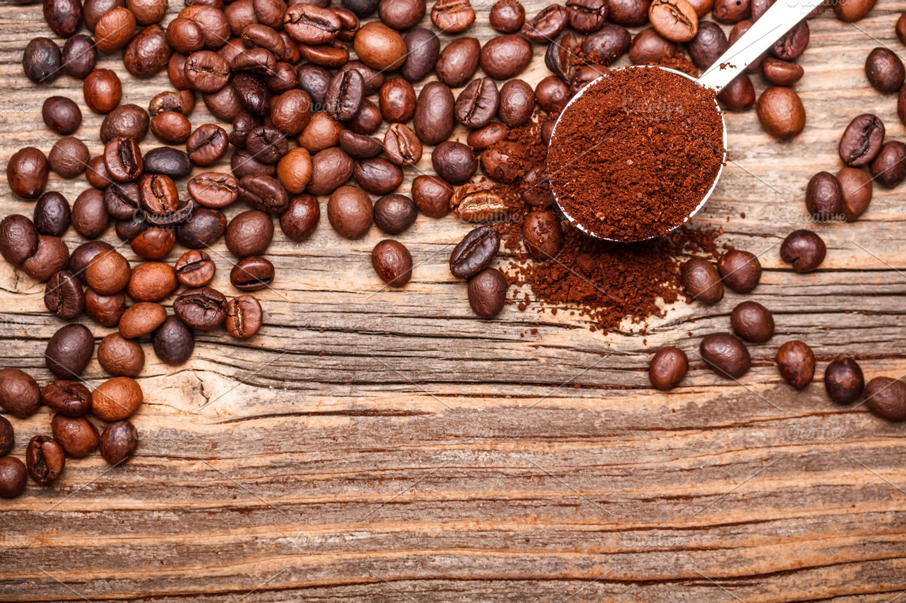 Coffee beans featuring powder, grind, and bean