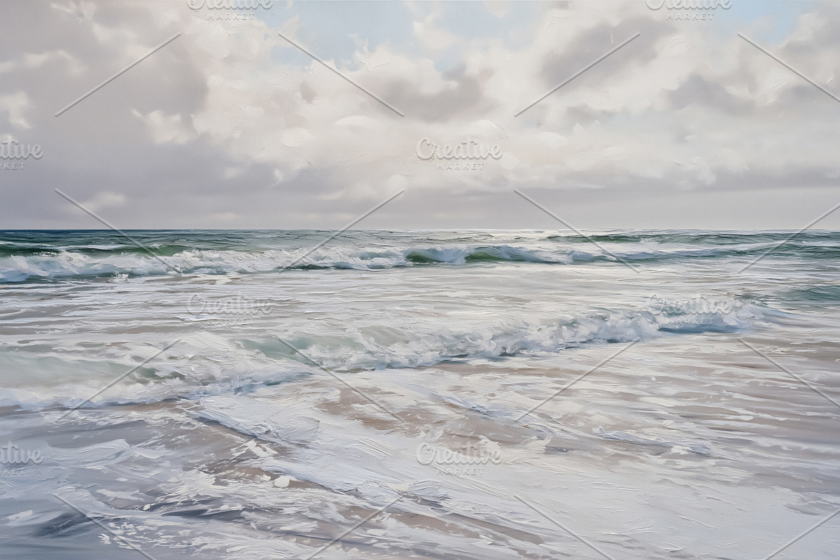 Ocean waves crashing on a sandy beach under a cloudy sky, creati, a Decorative Illustration by Studio ANNA