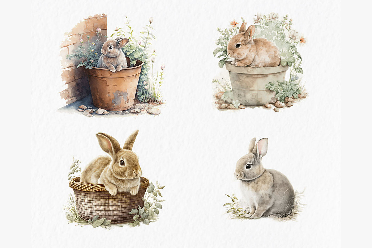 Garden rabbits Watercolor Clipart, an Object Graphic by MyLittleMeow (Photo 5 of 6)