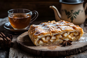 Apple strudel with cinnamon and cup, a Food & Drink Photo by Photostock