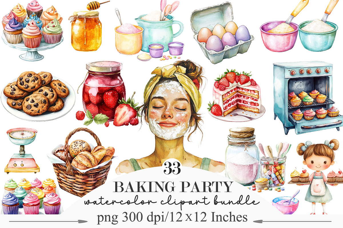 Watercolor Baking Party Clipart, an Illustration by Designking (Photo 1 of 5)