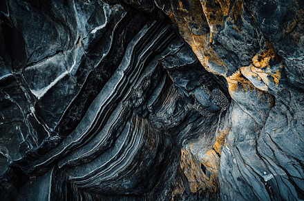 Intricate patterns in dark rocky cave formations at dusk, a Background Photo by AlyaAnd