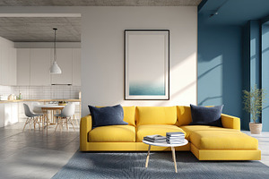 Modern apartment yellow sectional so, a Photo by Pixeness Studio