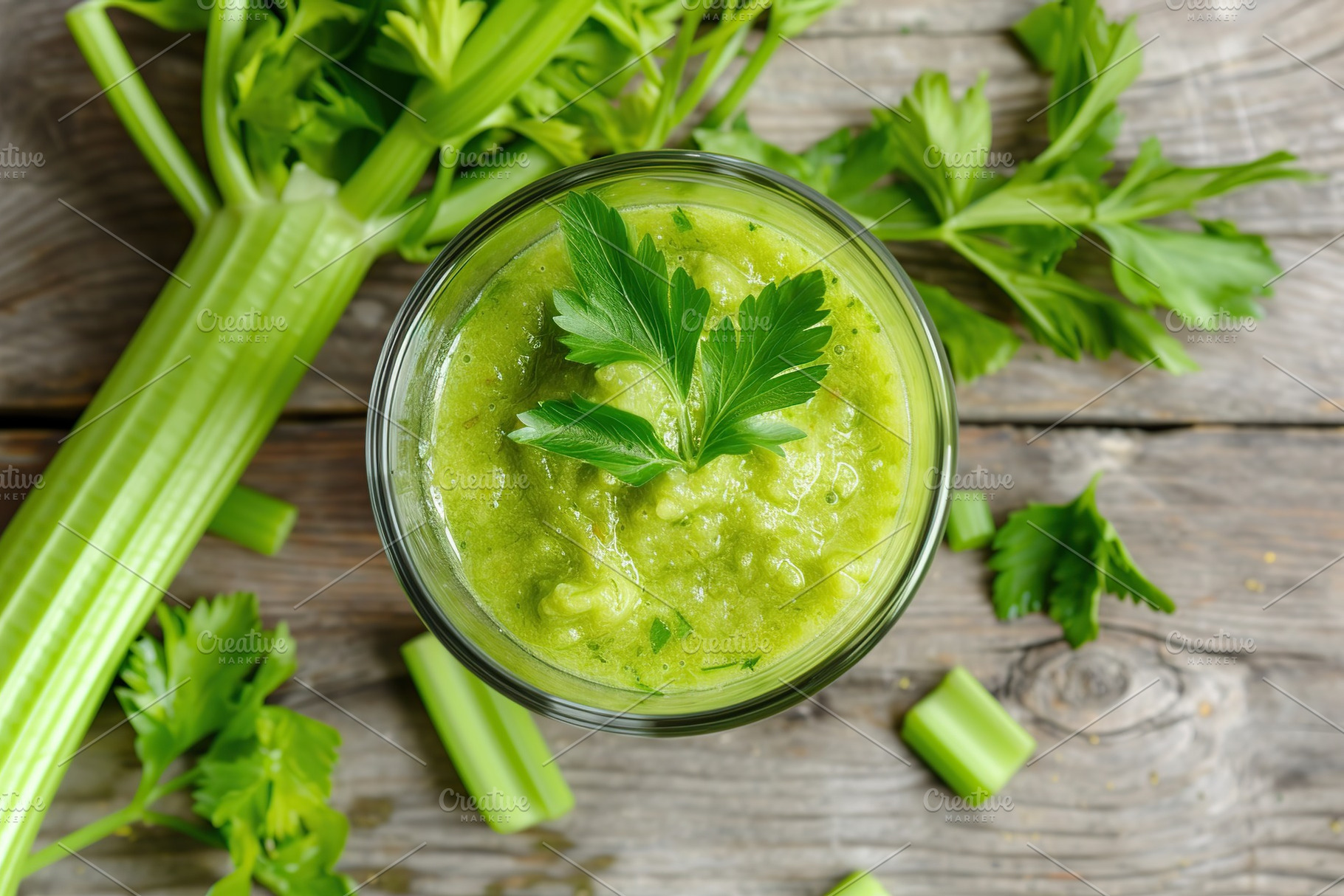 Fresh celery juice in glass on wooden table, a Food & Drink Photo by AlyaAnd
