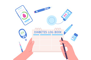 Diabetes log book. Hands holding, a Healthcare Illustration by LadadikArt