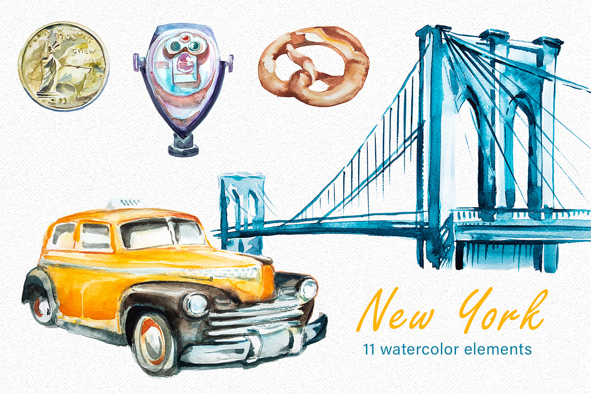 Watercolor New York Clipart Set, a Transportation Illustration by ArtCreationsDesign (Photo 1 of 2)