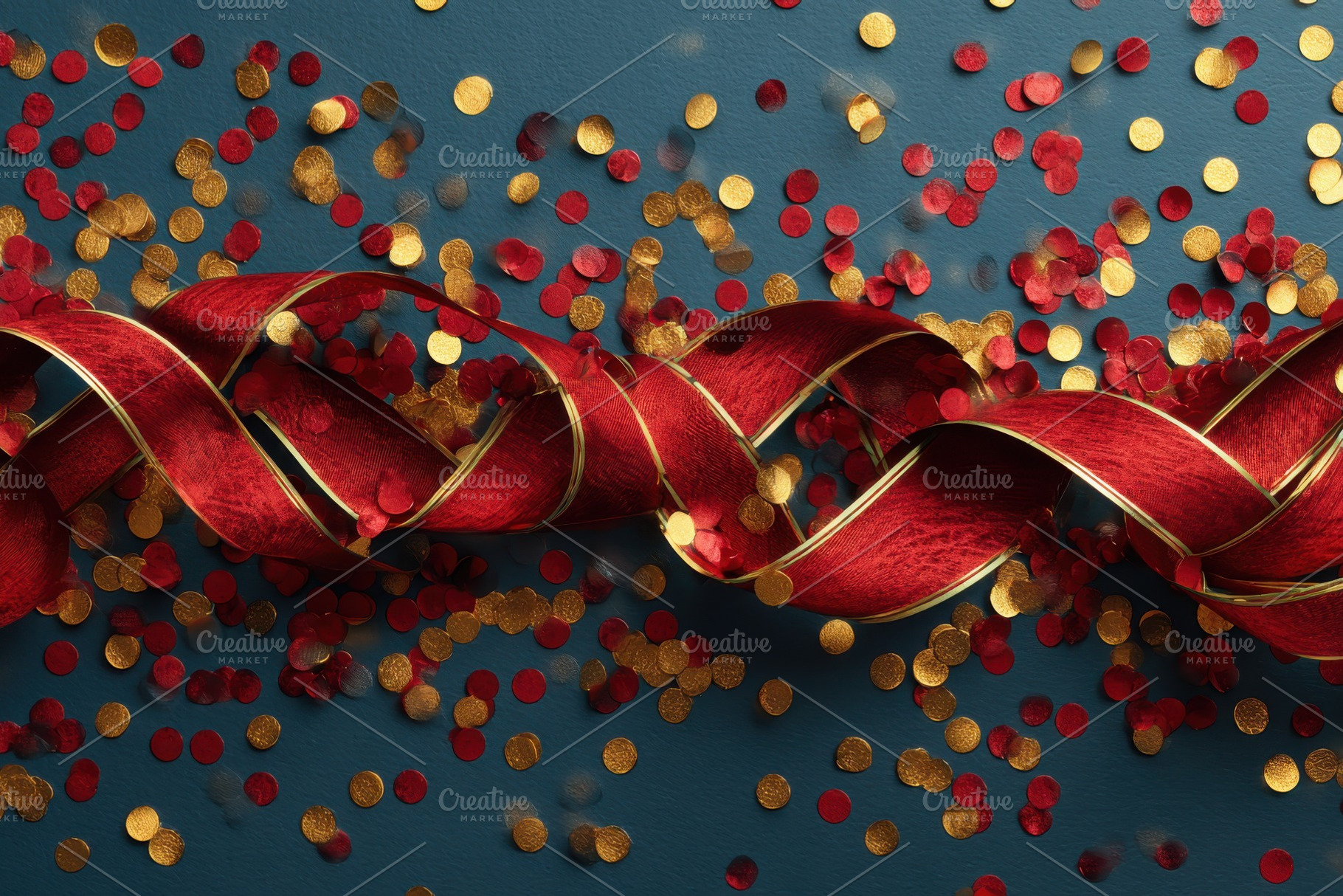 Red ribbon gold confetti festive cel, a Photo by Pixeness Studio