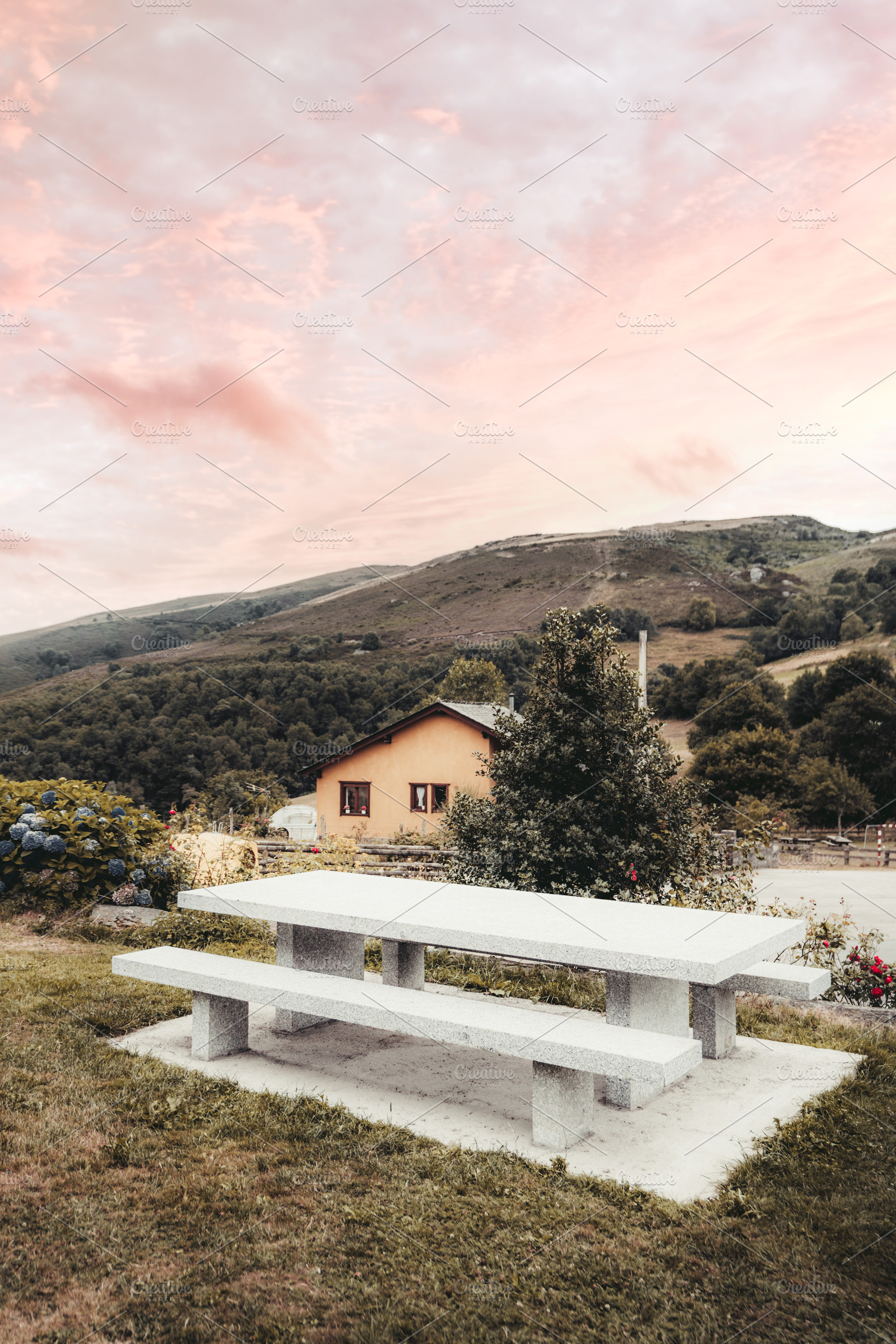 Picnic table in countryside sunset, an Architecture Photo by SkyNext