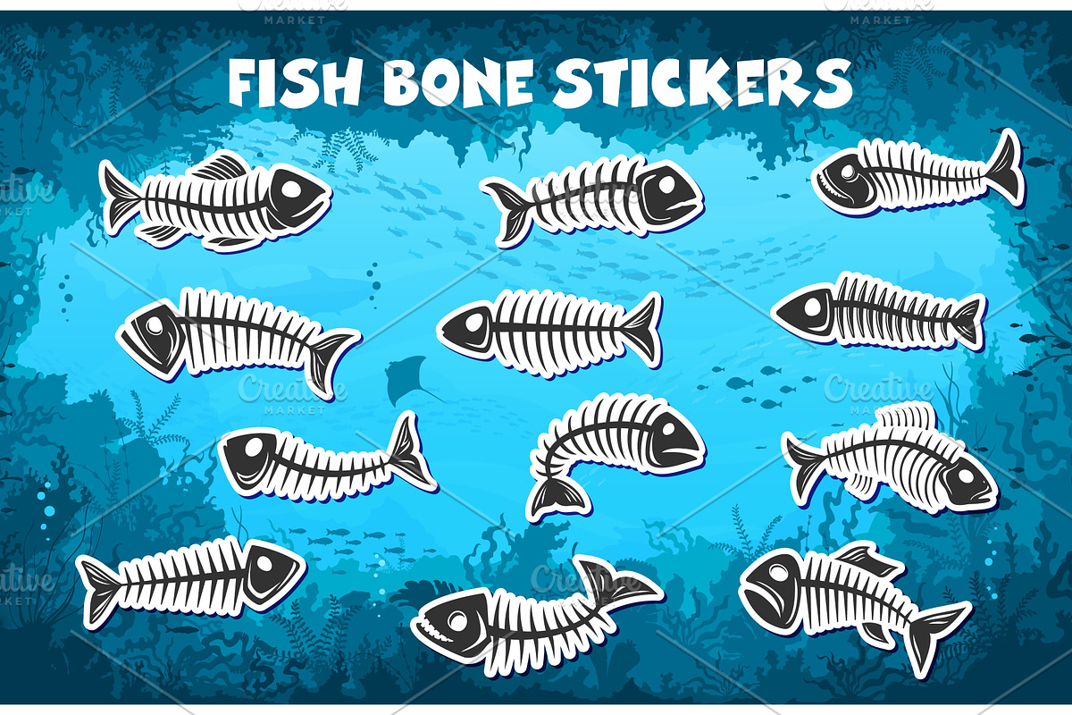 Fish bone skeleton silhouettes, an Animal Illustration by Vector Tradition
