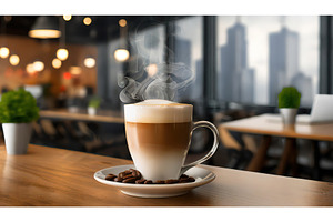 A hot latte with steam rises from a, a Food & Drink Photo by Igor Tichonow