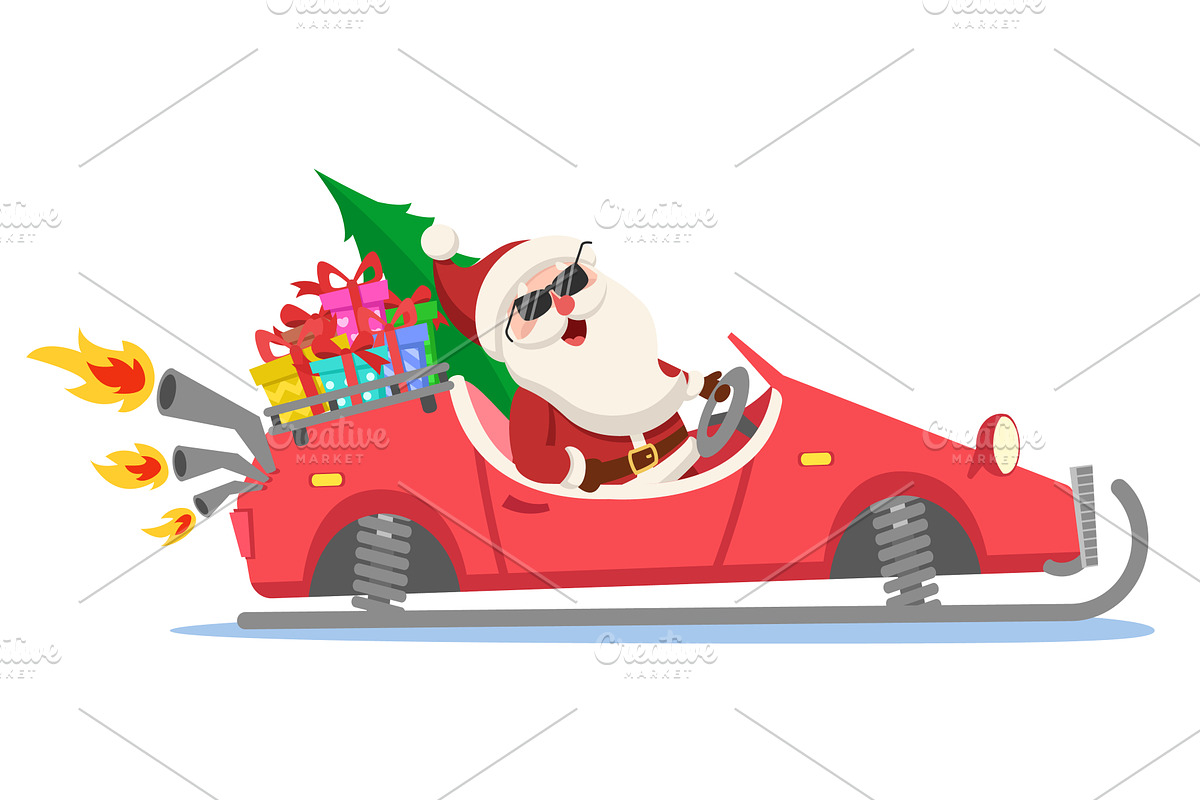 Santa Claus driving a red car with, an Object Illustration by innakreativ