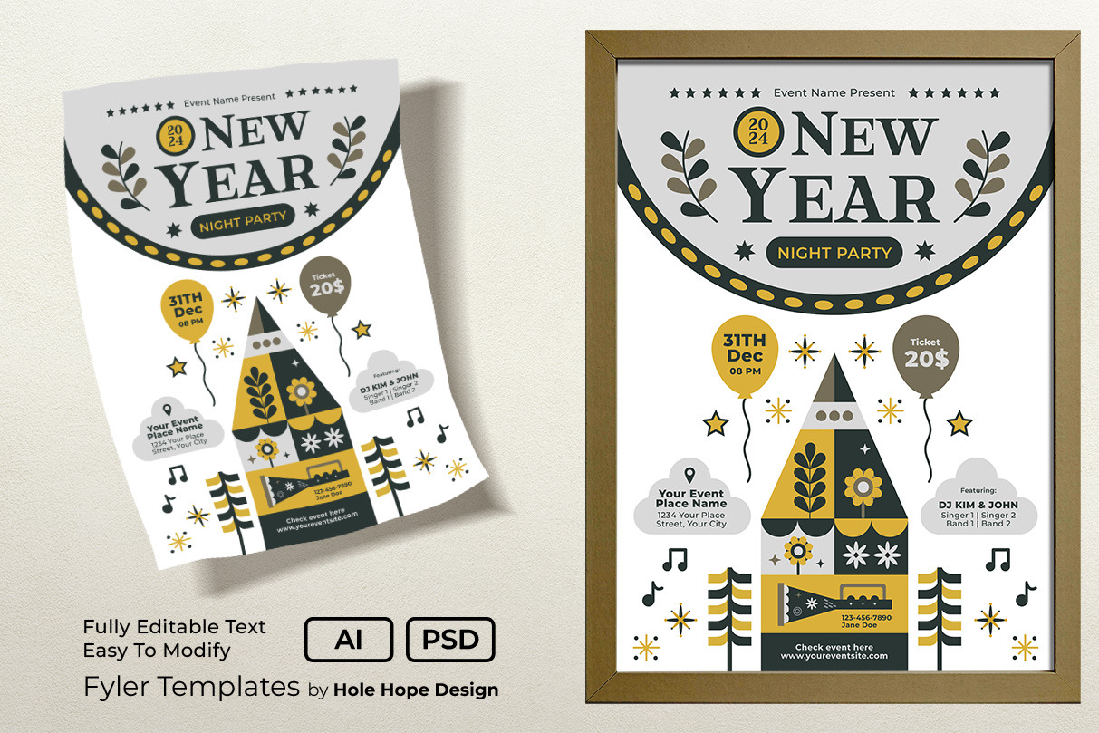 Folk Art New Year Party Flyer, a Flyer Template by Hole Hope Design
