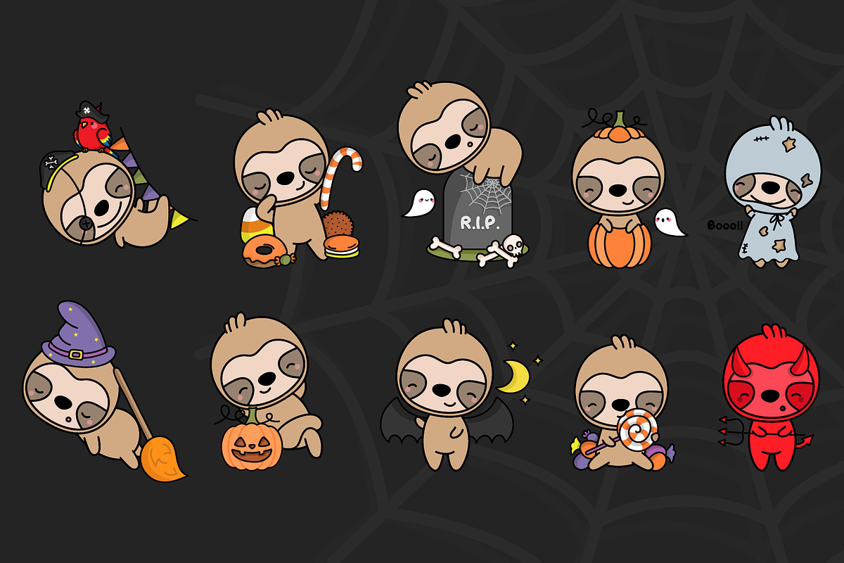 Set of Cute Halloween Sloth, an Animal Illustration by ArtVarStudio (Photo 2 of 3)
