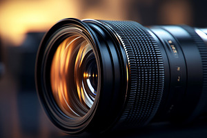 Close-up of a professional camera lens with a warm glow, an Abstract Photo by Natalia Klenova's Shop
