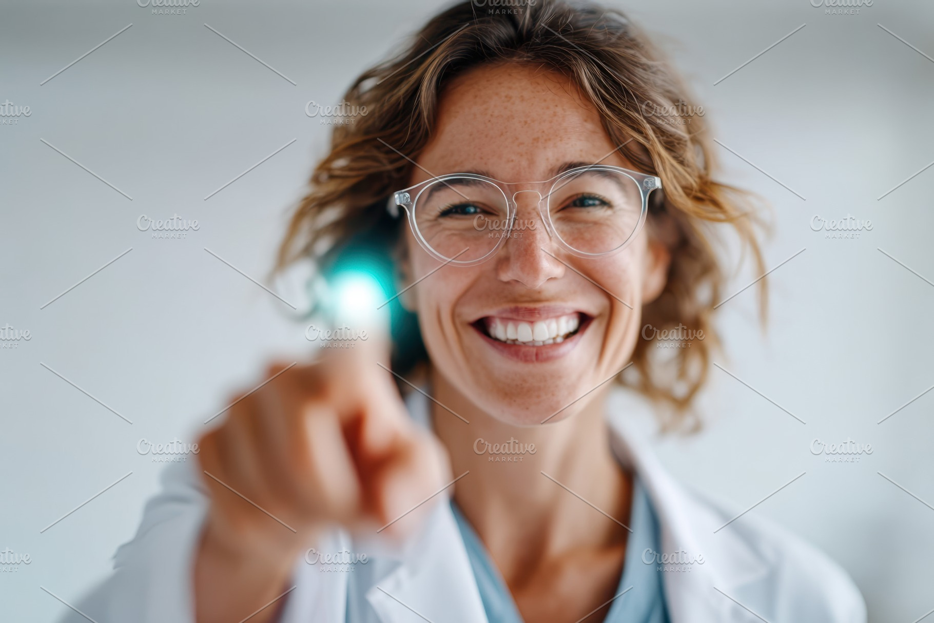 Smiling female doctor pointing in modern medical office, a Person Photo by AlyaAnd