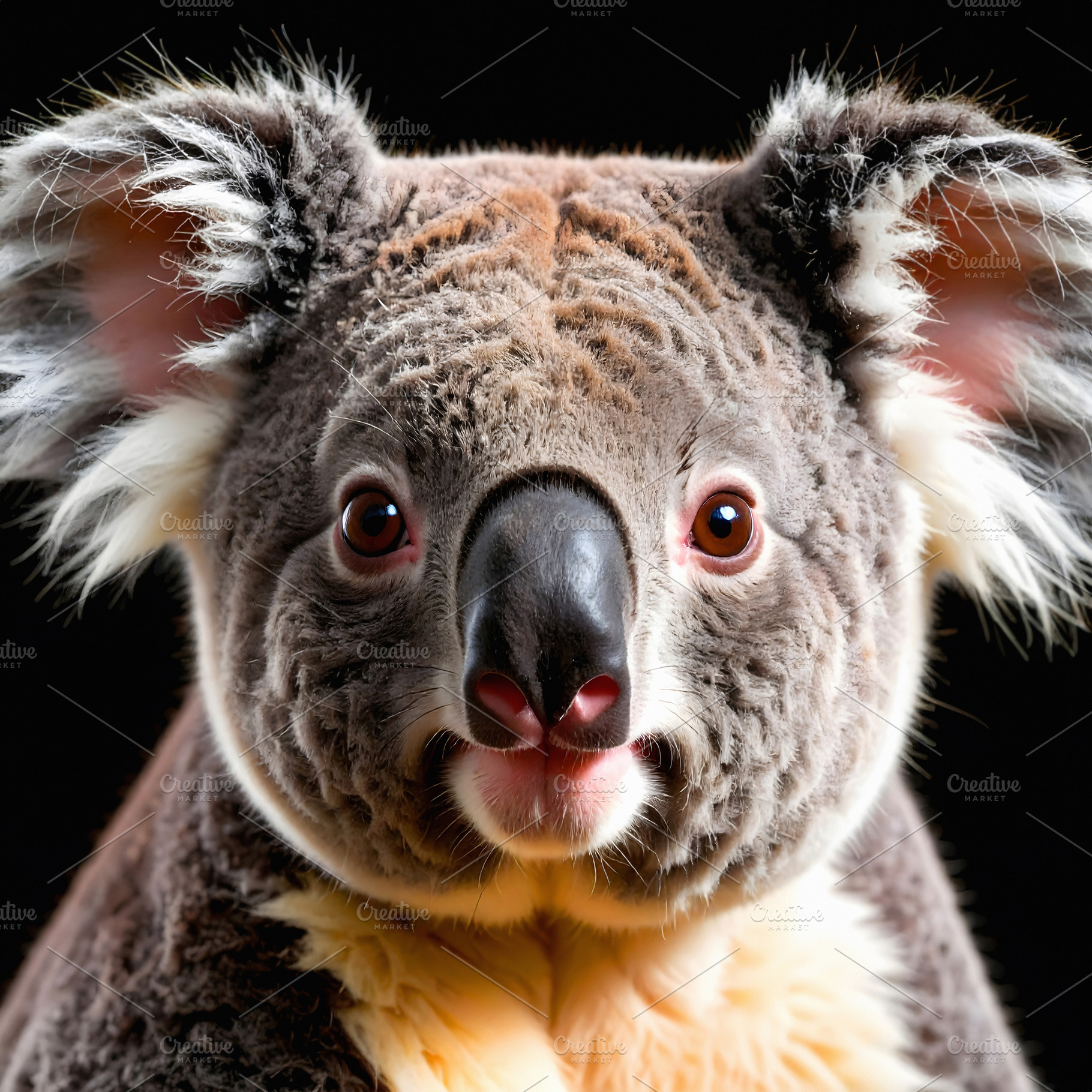 Fluffy portrait of a koala face with round eyes, an Animal Photo by GoodGoods