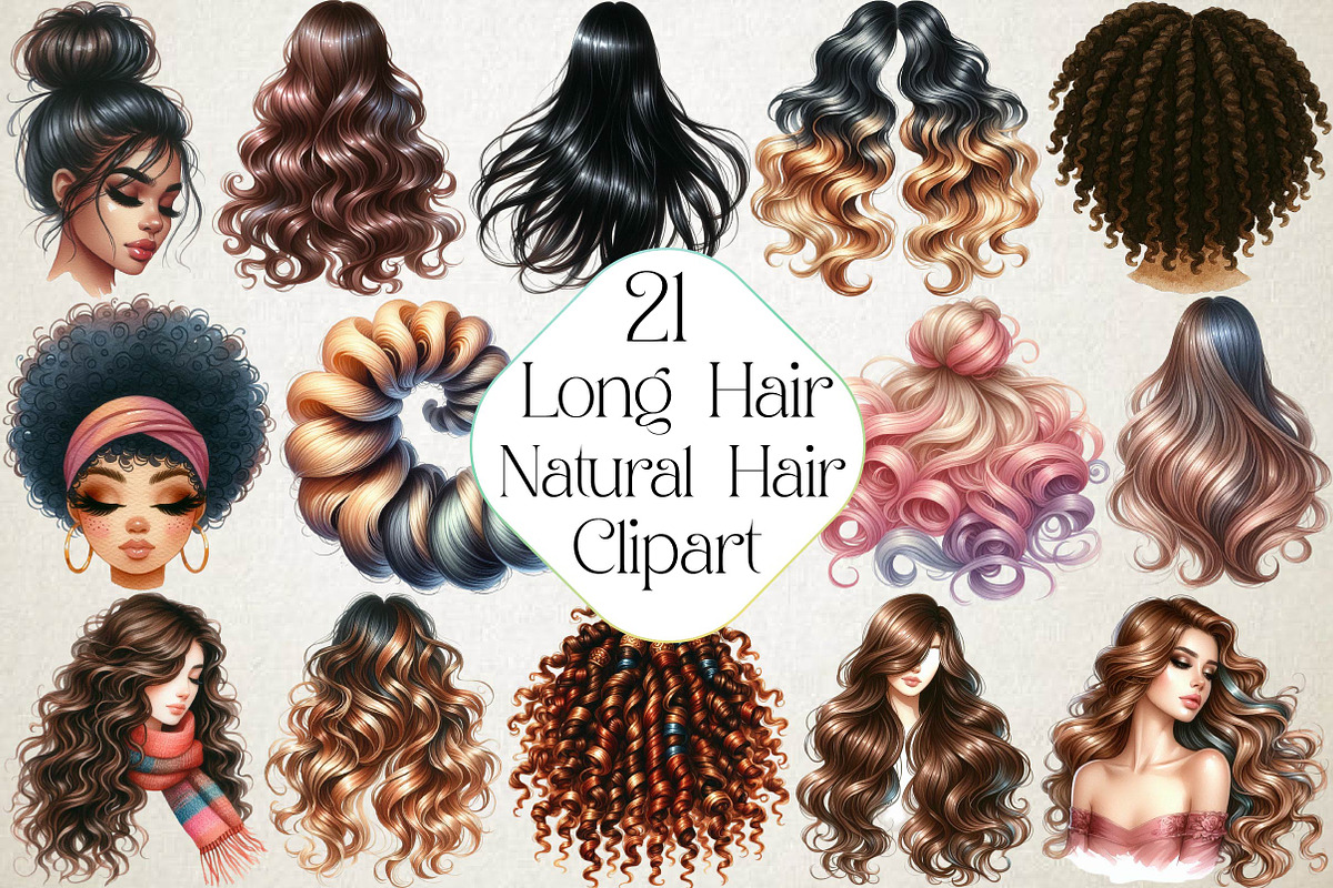 Hair Clipart, Long Hair, Natural, an Illustration by DreamPrint404 (Photo 1 of 3)