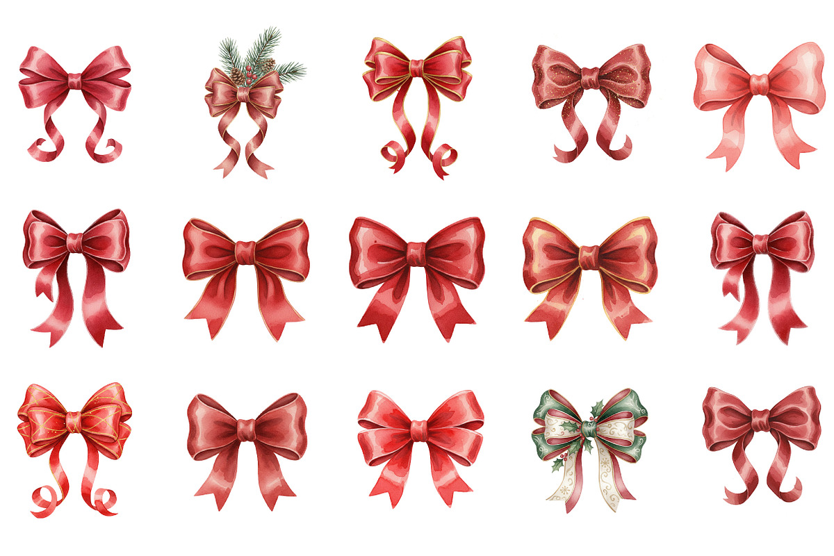 Vintage Christmas Red Bow Bundle, an Illustration by Designking (Photo 2 of 5)