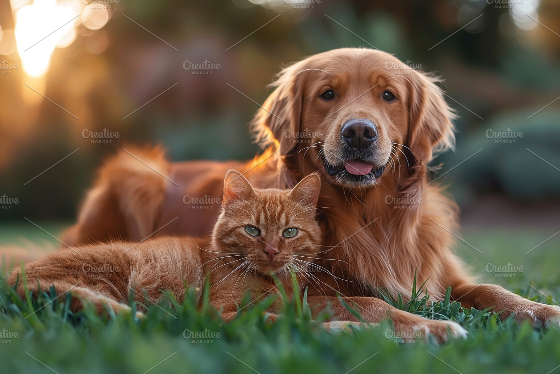 A golden retriever and an orange tabby cat lounging together, exuding warmth an, an Animal Photo by ImageMir
