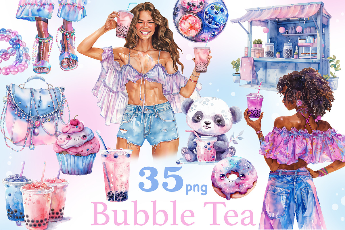 Bubble Tea Clipart Drinks PNG Bundle, a Food Illustration by GlamArtZhanna (Photo 1 of 6)