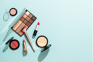 Beauty products on blue background., a Beauty & Fashion Photo by Nadia-nb