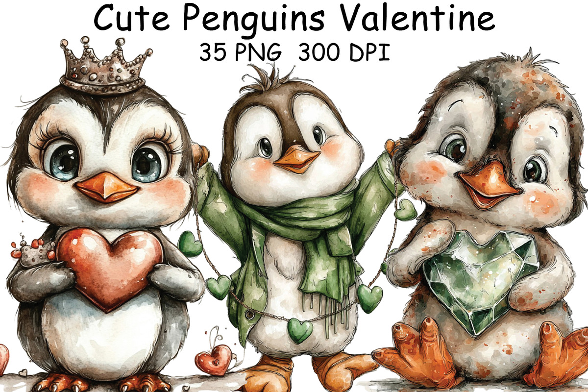 Cute Penguins Valentine Clipart, an Illustration by CraftArtStudio (Photo 1 of 6)