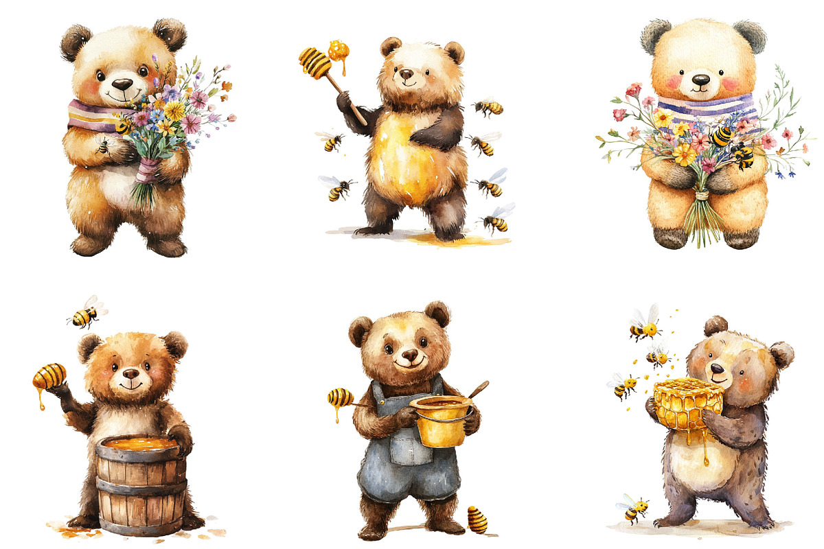 Bear and Bee Watercolor Clipart PNG, a Seasonal Illustration by Designking (Photo 4 of 5)