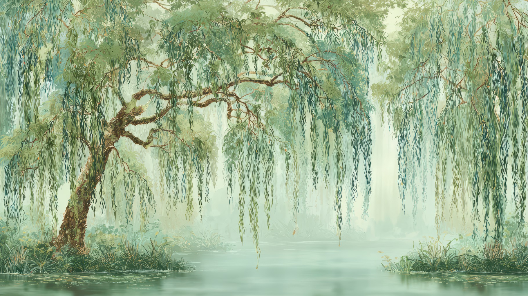 Serene Weeping Willow Wallpaper, a Decorative Illustration by Virgo Studio