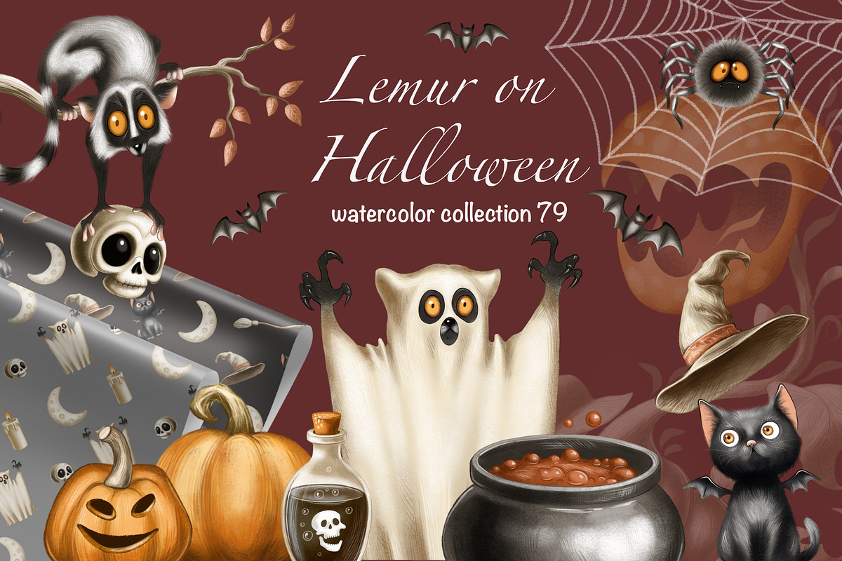 Magical Lemur Halloween Set, an Illustration by IrynaPanashii (Photo 1 of 10)