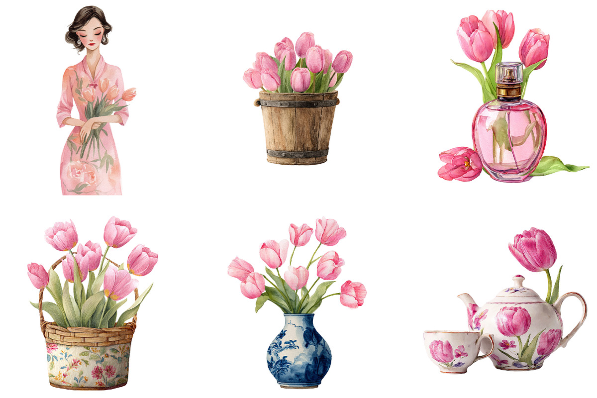 Pink Chinoiserie Spring Tulips Clipa, an Illustration by DreamArtGraphic (Photo 2 of 4)