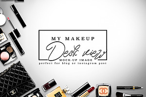 Luxury brand makeup desk post mockup containing chanel, stock photography