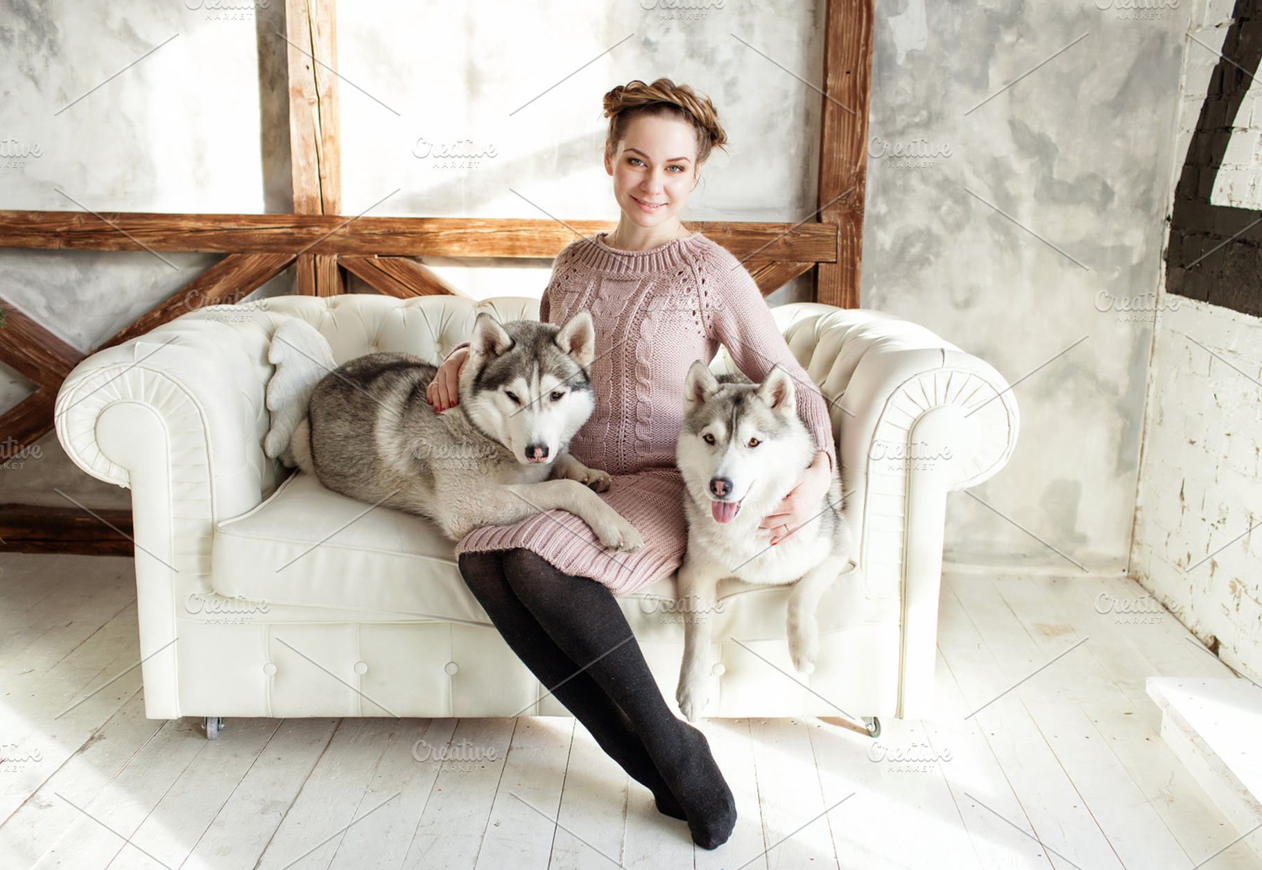 Young beautiful pregnant woman with husky stock photo containing woman and, a Person Photo by AlinLyre