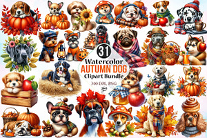 Watercolor Autumn Dog Clipart Bundle, a Seasonal Illustration by Canvas Craft