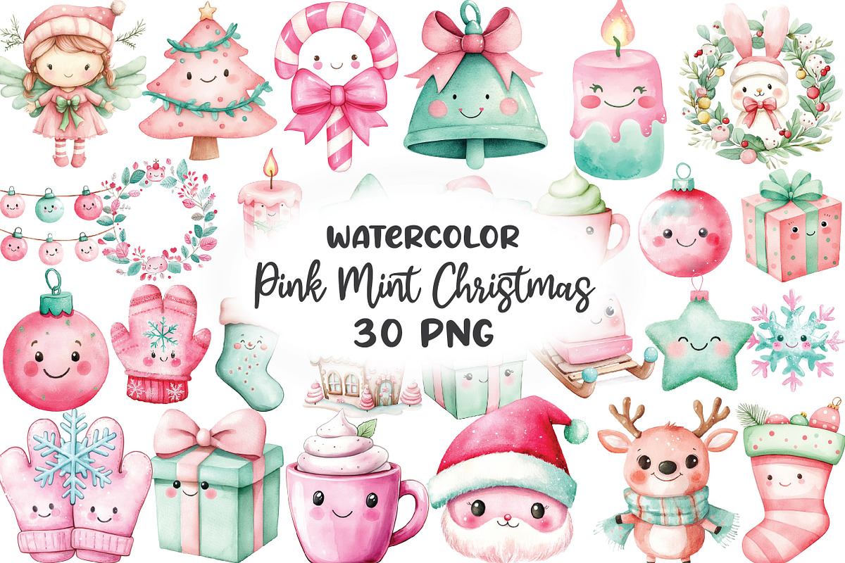 Kawaii Pink Mint Christmas Clipart, an Illustration by CraftArtStudio (Photo 1 of 6)