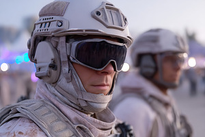 Soldiers in futuristic gear prepare for a mission during an evening operation a, a Technology Photo by AlyaAnd
