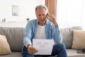 Focused mature man holding paper reading report talking on phone, a Photo by Prostock-Studio