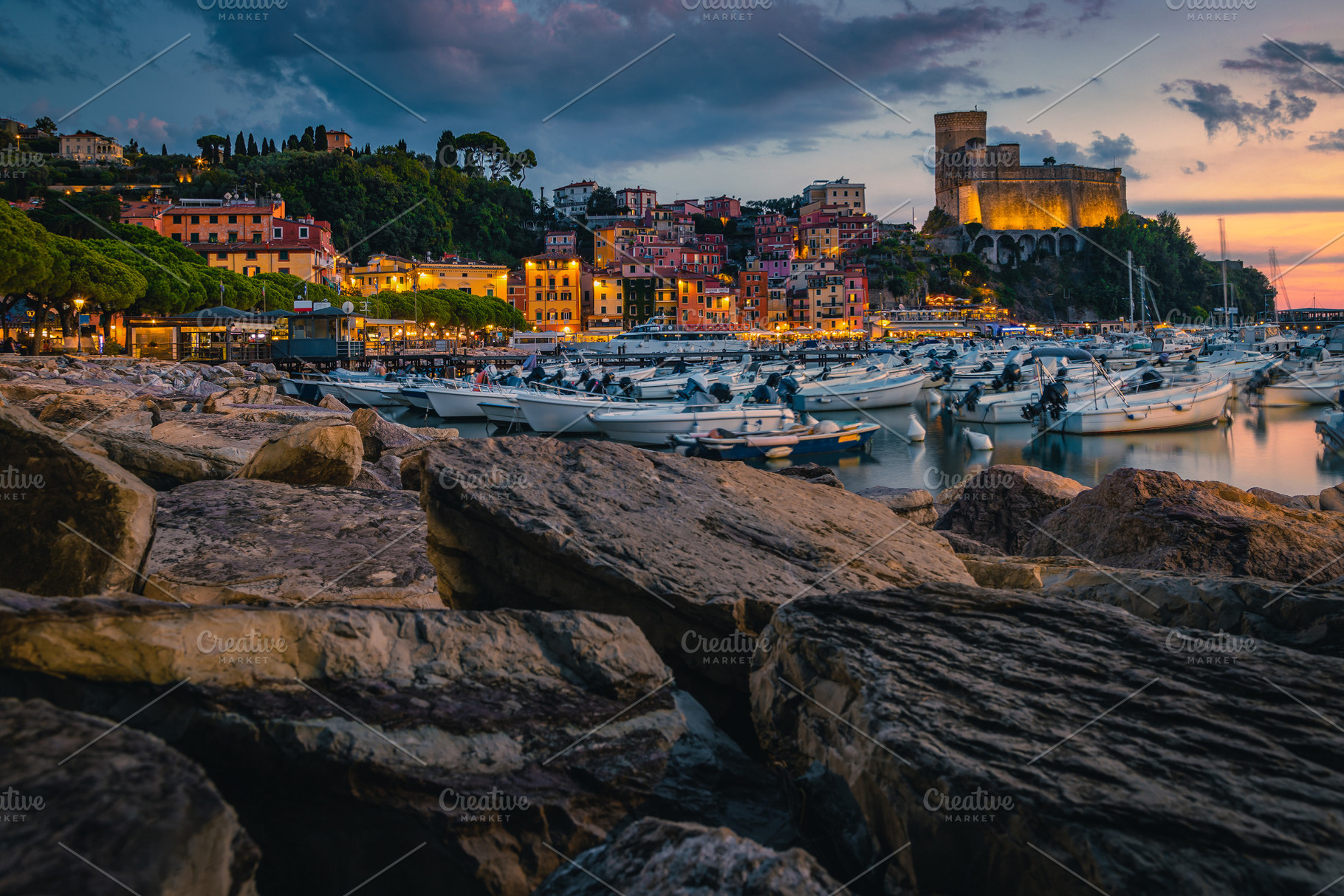 Lerici view with harbor and castle, an Architecture Photo by Alpine Dreams