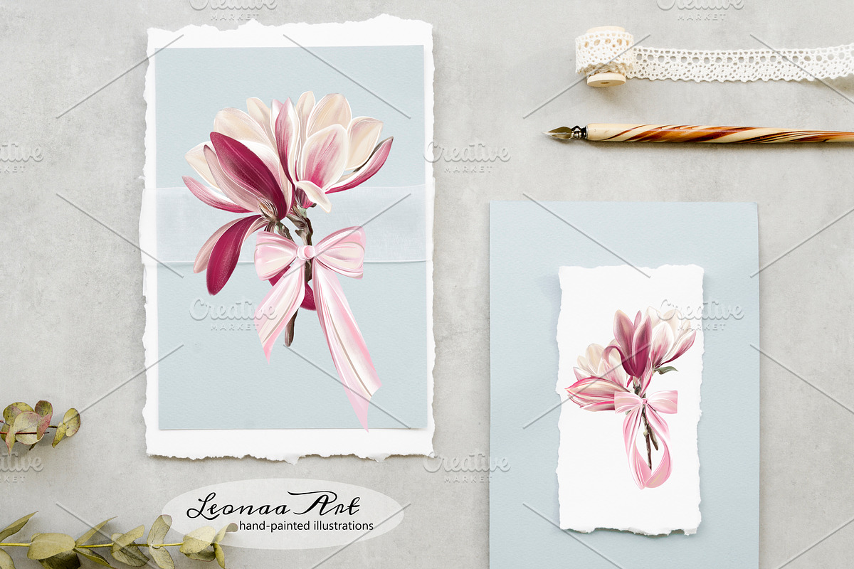 Magnolia Clipart Set, a Seasonal Illustration by Leonaa art (Photo 9 of 10)