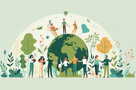 Flat vector illustration of diverse people standing around Earth, promoting glo, an Industrial Photo by José Manuel Gelpi