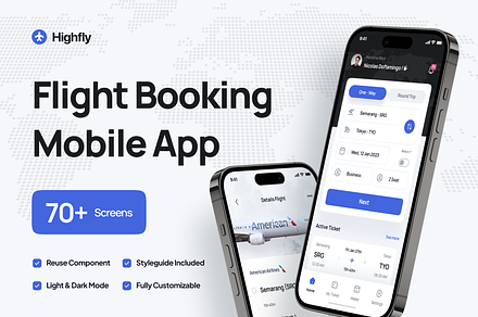 Highfly - Flight Booking Mobile App, an UI Kit Template by pickolabstudio