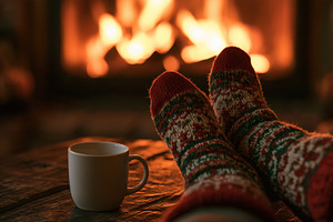 Warm feet by the fire with coffee