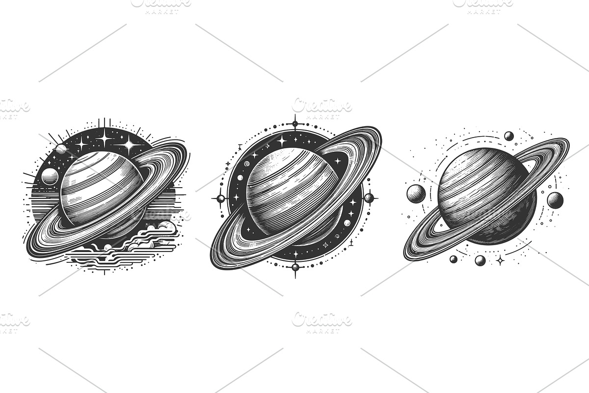 Saturn Planet engraving set vector, an Illustration by AlexArt