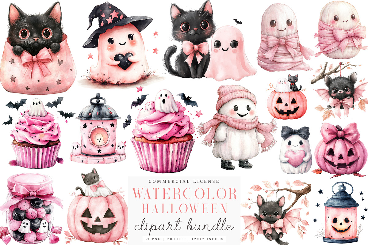 Watercolor Halloween Pink Ghost PNG, a Transportation Illustration by SinaCreation (Photo 1 of 6)