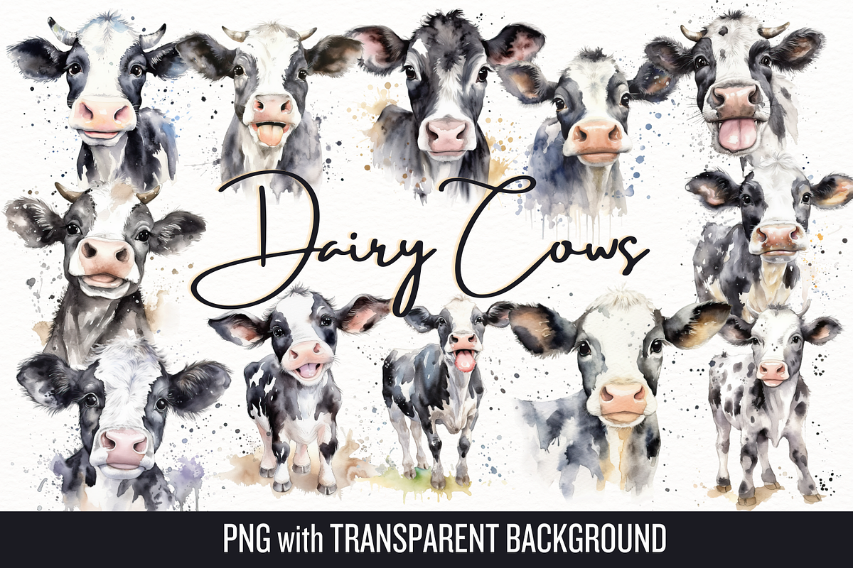 Dairy Cows Watercolor Clip Art, an Animal Illustration by Whimsy & Wishes (Photo 1 of 3)