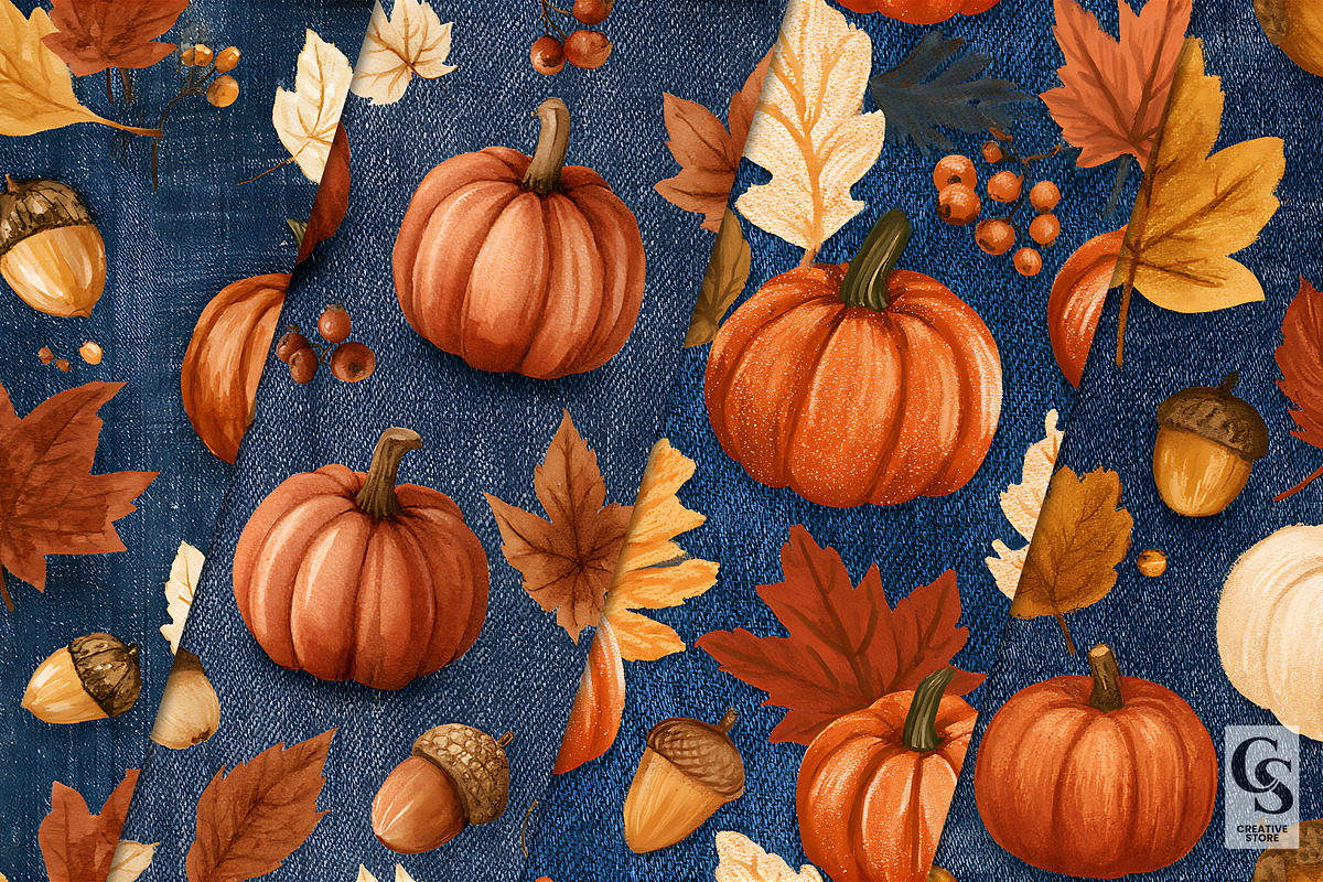 Denim Pumpkin & Leaves Pattern, a Pattern Graphic by Creative Store (Photo 2 of 5)