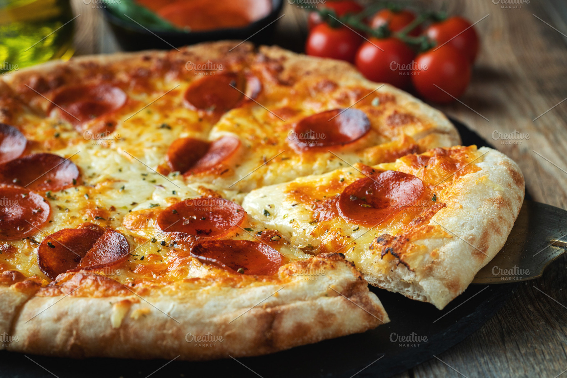 A slice of hot Italian pizza with stretching cheese. Pizza pepperoni on a dark, a Food & Drink Photo by Budarinphoto